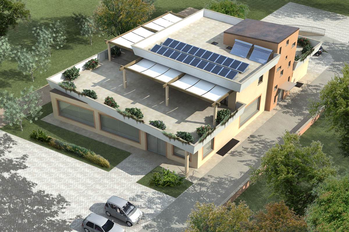 Render del complesso polifunzionale di via di Bientina con copertura fotovoltaica