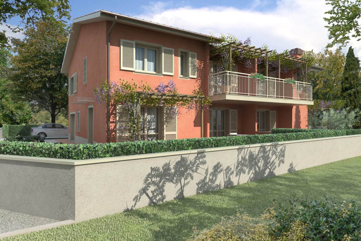 Render dell’edificio plurifamiliare di Cerretti con logge e giardino