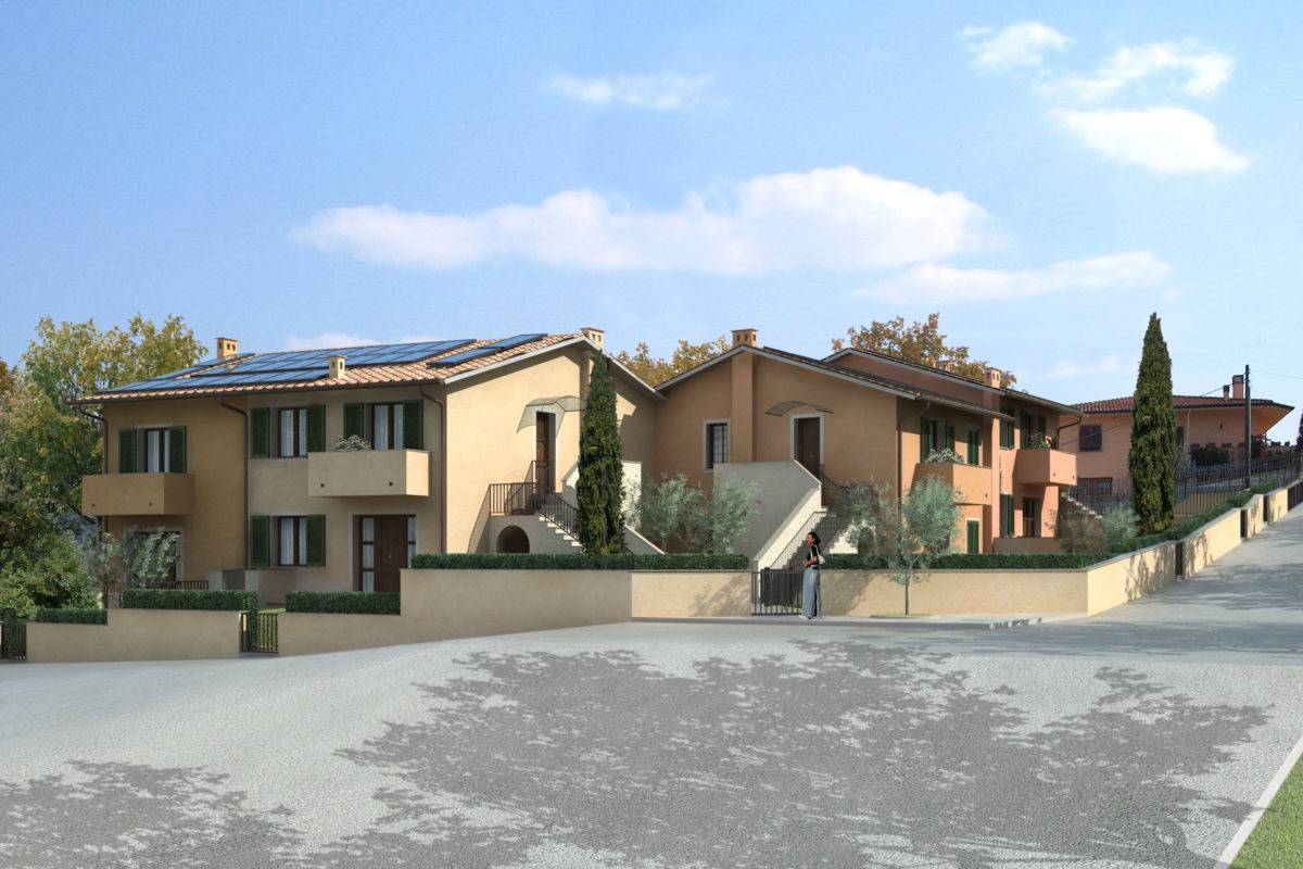 Render dell’edificio residenziale in via Pregiuntino visto dalla strada