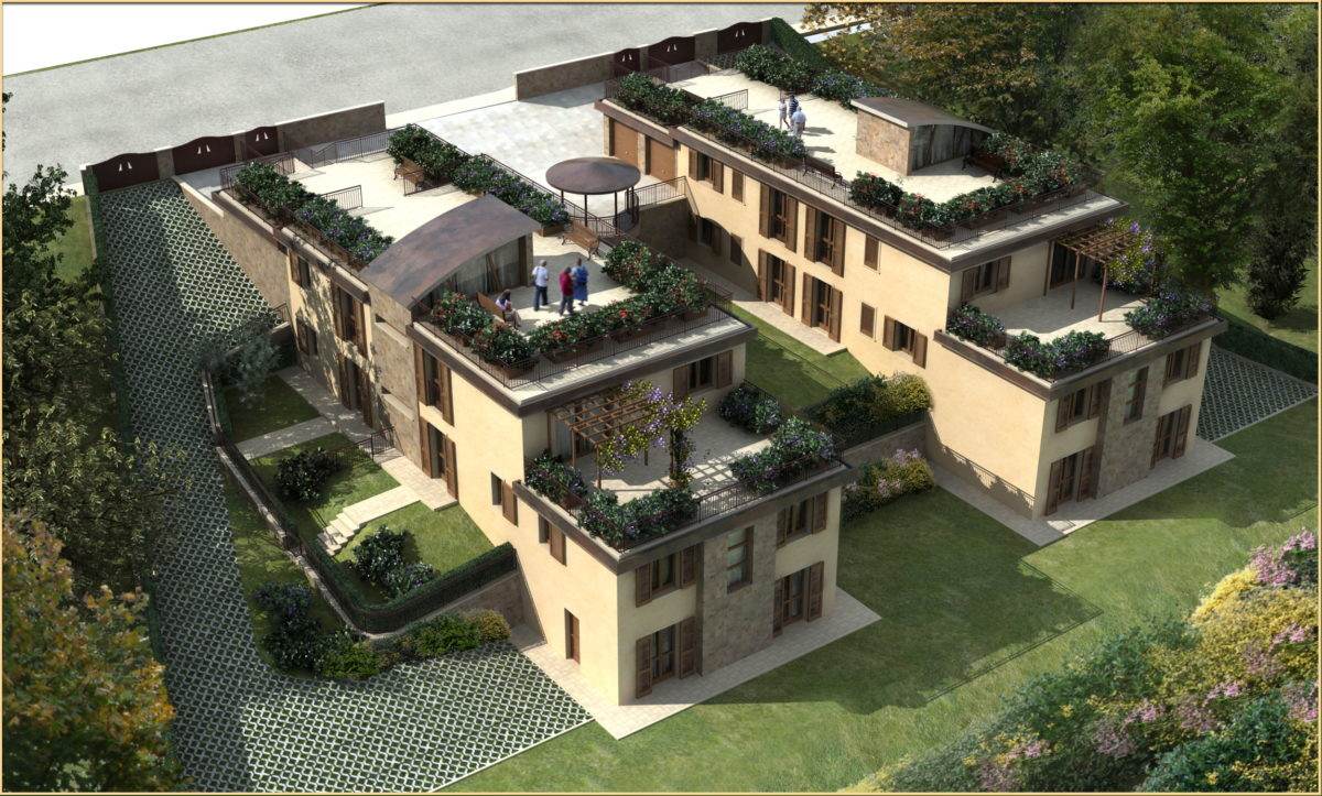Render a volo d’uccello del complesso residenziale alle Querce, con terrazze verdi